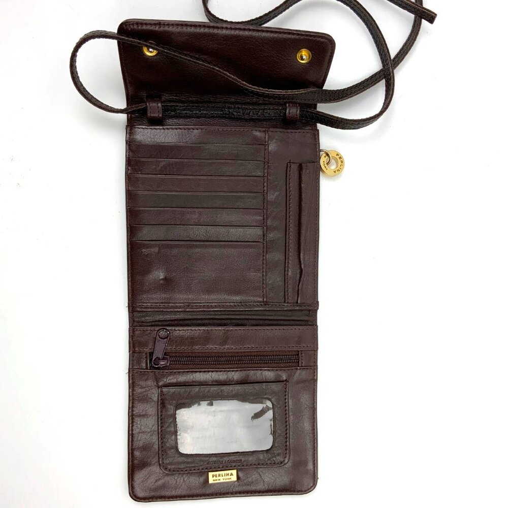 Vintage Perlina New York Brown Genuine Leather Crossbody Bag Organizer - Picture 14 of 16